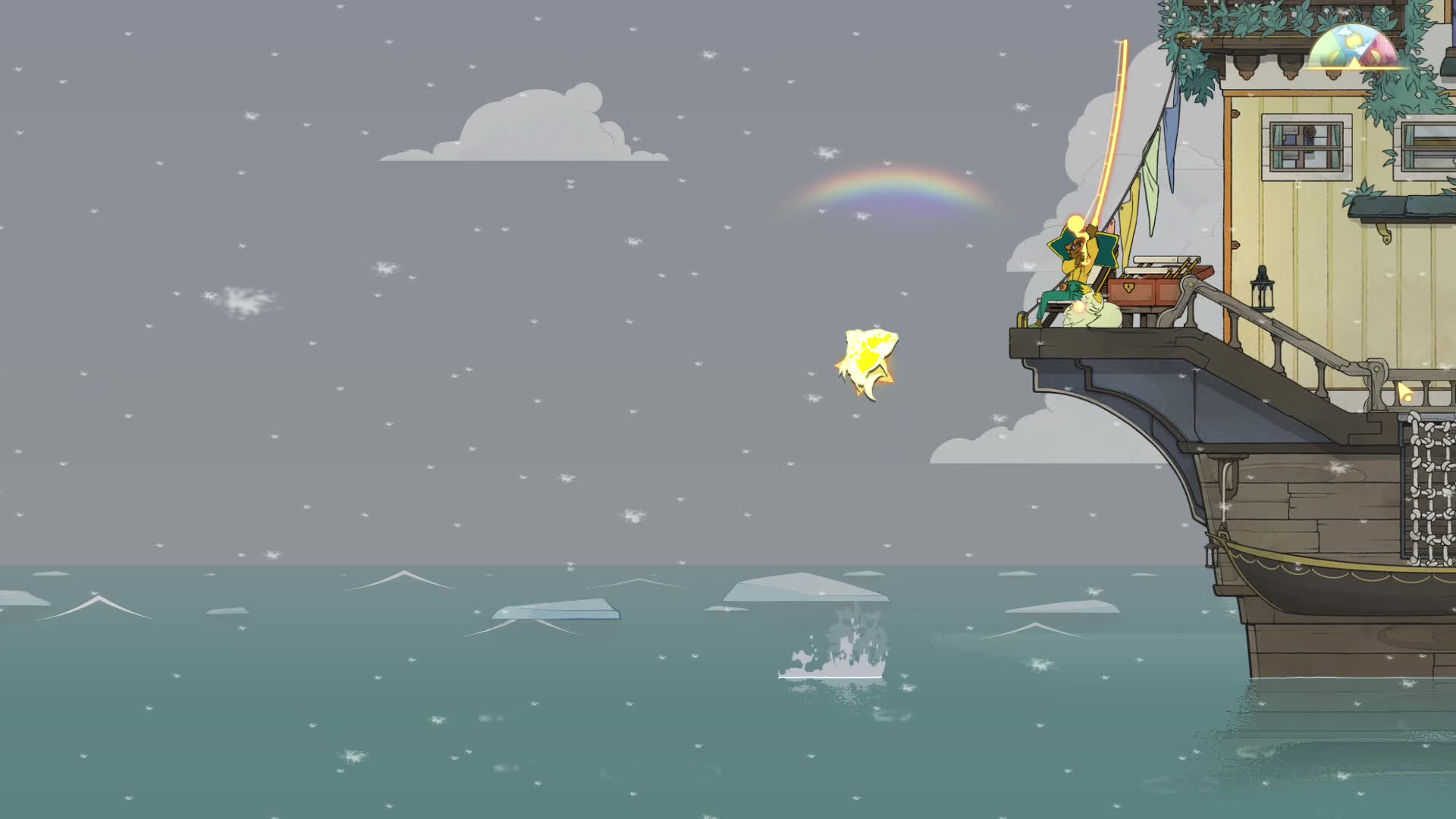 Spiritfarer - Pesca en día nevado con una sorpresa ruidosa