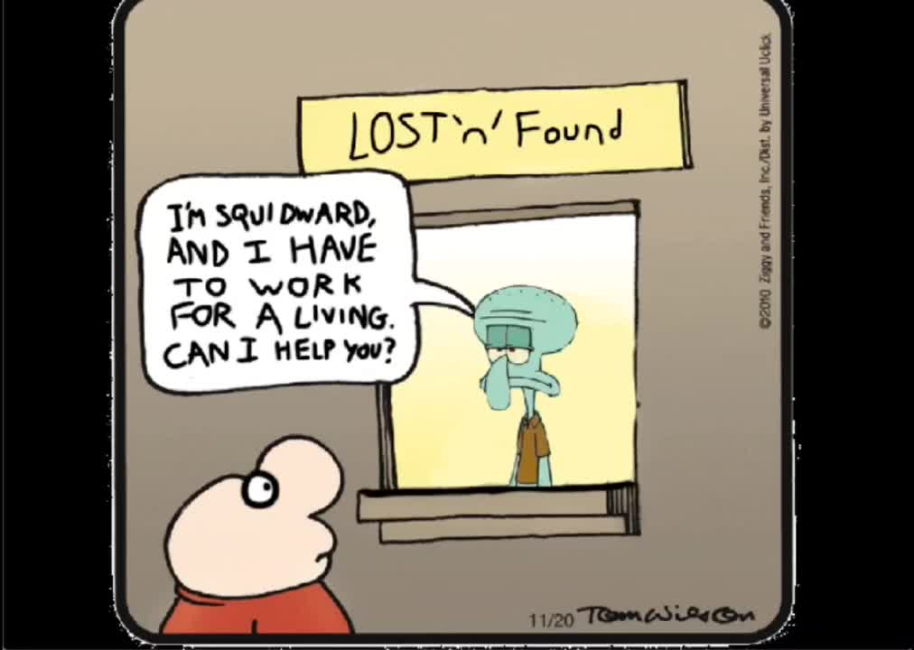 Ziggy sees Squidward work at Lost and Found (AI Dub)