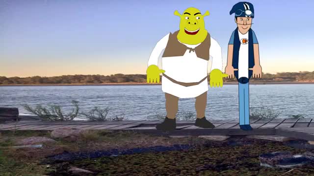 cuando shrek tira a sportacus al agua