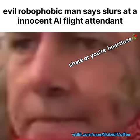 Evil robophobic man says slurs at an Innocent AI flight attendant
