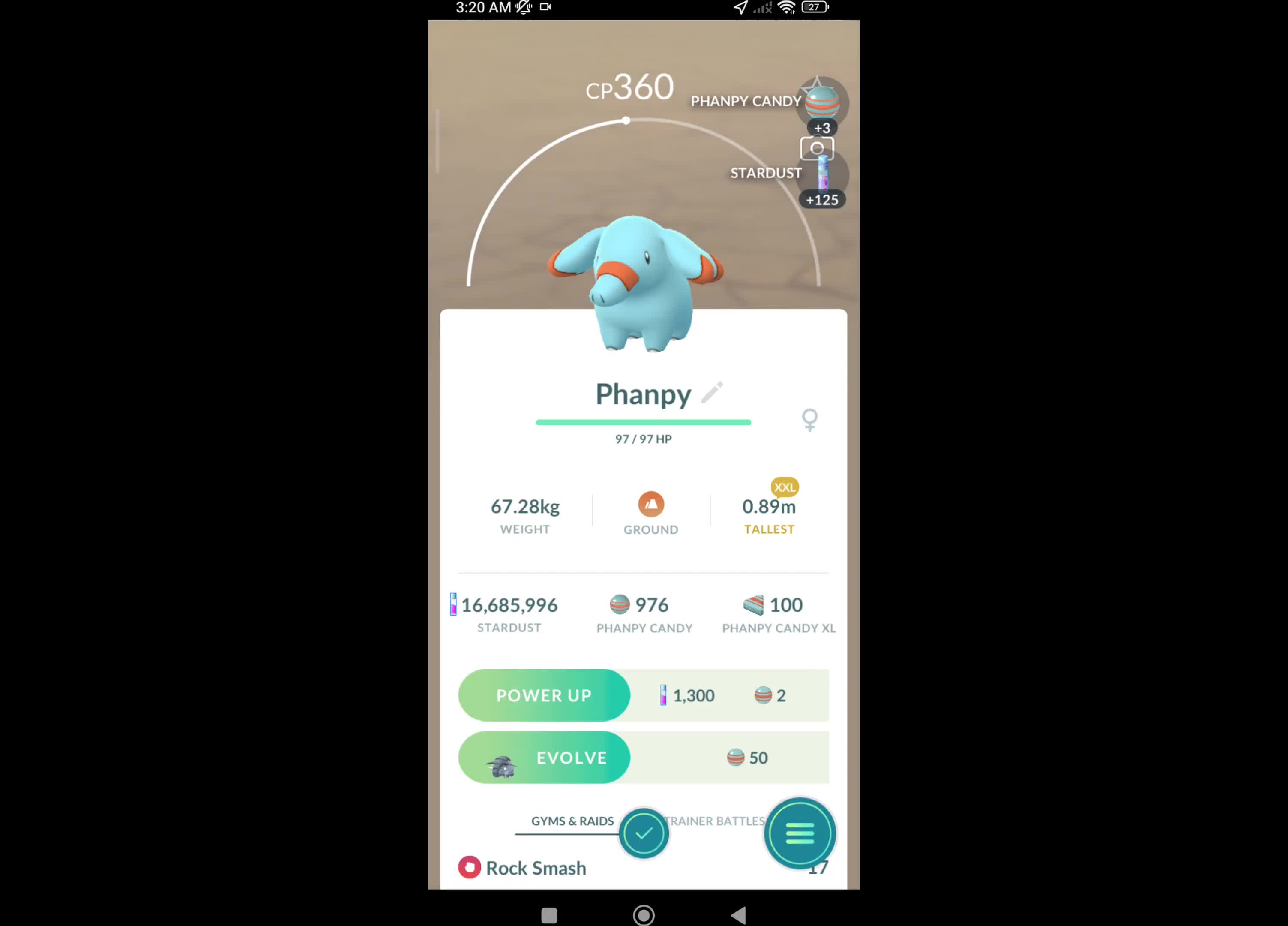 Pokémon GO-XXL Phanpy(Weight-67.28kg, Height-0.89m)